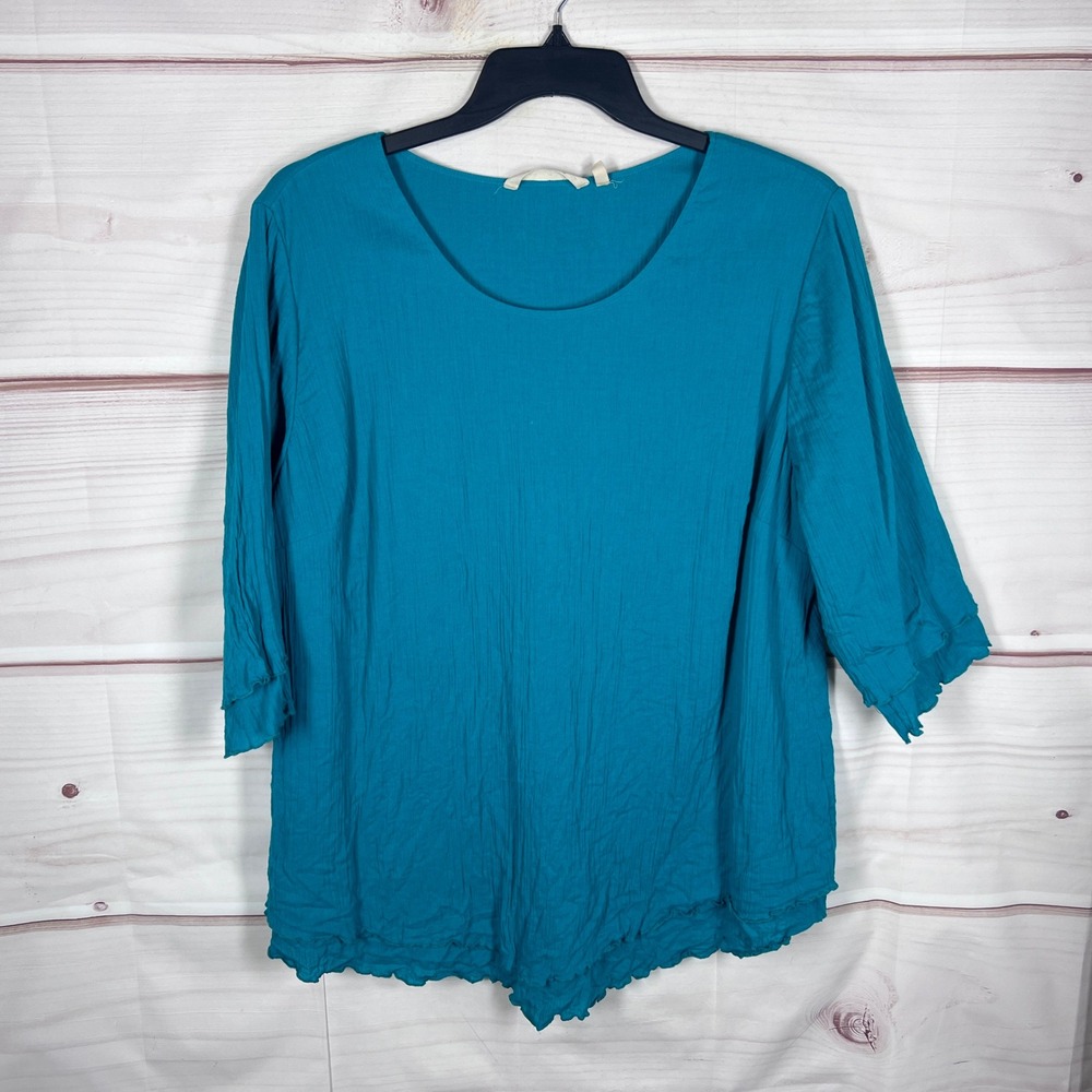 Soft Surroundings Top Women 1X Teal Blue Gauze Blouse Ruffle Cotton Blouse Layer
